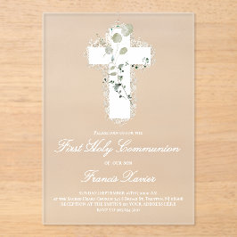 Invitaciones Acrílicas hojas verdes cruz blanca Primera Comunión
