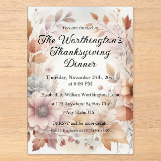 Invitaciones Acrílicas Hojas y flores de otoño con monograma acuarela