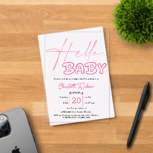Invitaciones Acrílicas Hola Bebé Elegante Baby Shower Rosa Oscuro