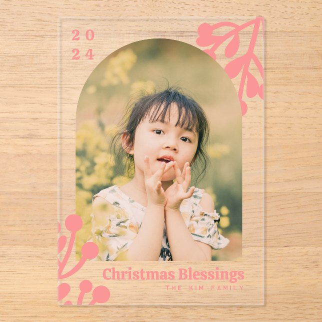 Invitaciones Acrílicas Holly Berries Arch Foto Navidades rosados (Anverso)