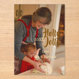 Invitaciones Acrílicas Holly Jolly family holiday photo beige year naboho