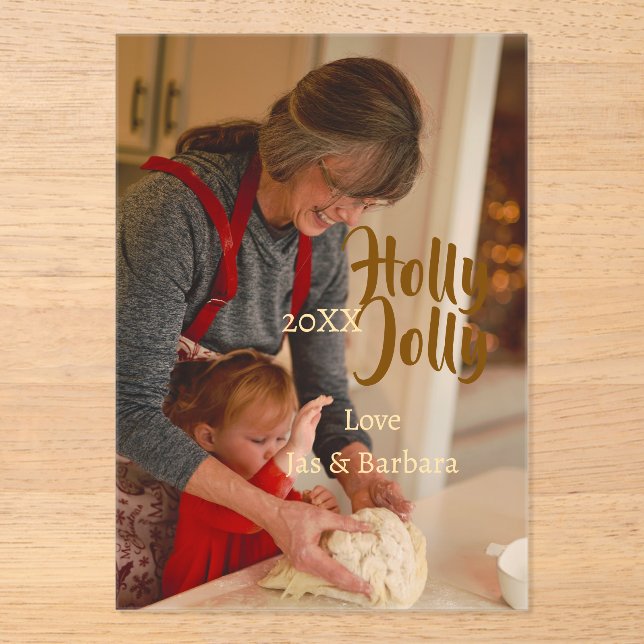 Invitaciones Acrílicas Holly Jolly family holiday photo beige year naboho (Anverso)