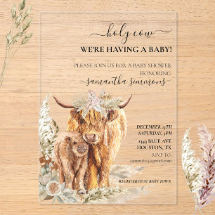 Invitaciones Acrílicas Holy Cow Highland Calf Baby ducha Boho