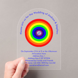 Invitaciones Acrílicas Hombres gay redondean la boda personalizada Rainbo