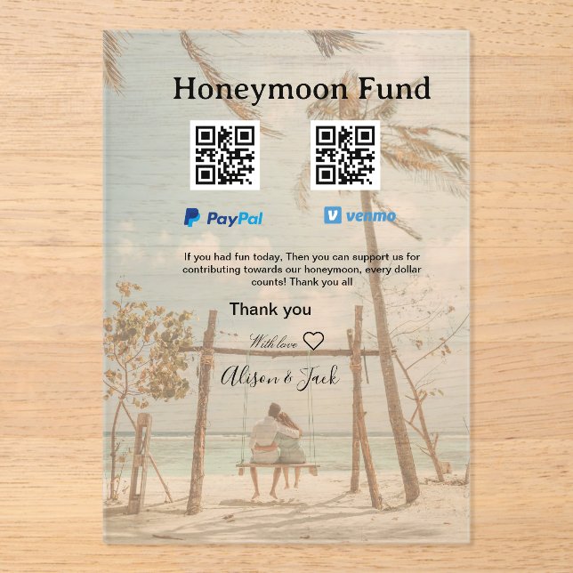 Invitaciones Acrílicas Honeymoon fund venomo paypal donation Q R couple (Anverso)