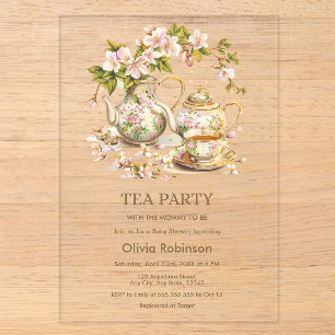 Invitaciones Acrílicas Hora del Té para Fiesta de Bebé con Tetera Floral 
