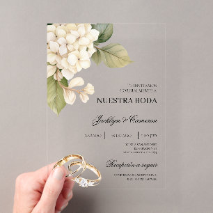 Invitaciones Acrílicas Hortensia Blanca con anillo Boda Española