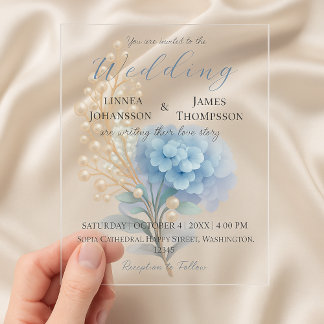 Invitaciones Acrílicas Hortensia Romántica Perla Azul Acuarela Boda