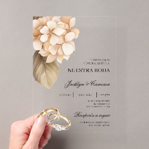 Invitaciones Acrílicas Hortensia rústica con anillo Boda española