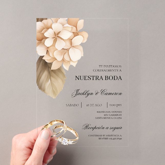 Invitaciones Acrílicas Hortensia rústica con anillo Boda española (Insitu (portátil))