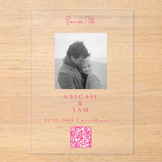 Invitaciones Acrílicas Hot Pink Simplicity B/W Photo Save our Date (Anverso)