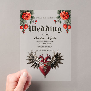 Invitaciones Acrílicas Icono gótico romántico: corazón, rosa, calavera.