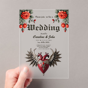 Invitaciones Acrílicas Icono gótico romántico: corazón, rosa, cráneo.