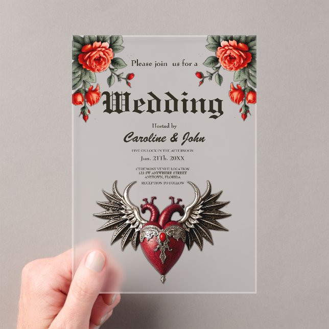 Invitaciones Acrílicas Icono gótico romántico: corazón, rosa, cráneo. (Insitu (portátil))