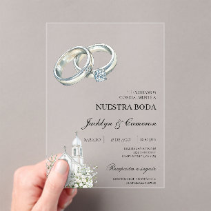 Invitaciones Acrílicas Iglesia blanca con anillo Boda española