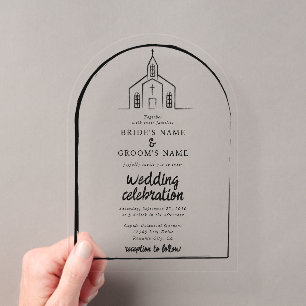 Invitaciones Acrílicas Iglesia Dibujada a Mano Tradicional Boda Caprichos