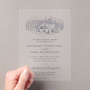Invitaciones Acrílicas Ilustración Clásica de Boda de Viñedo Rústico