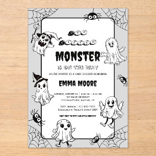 Invitaciones Acrílicas Ilustración de Baby Shower de Monstruo Pequeño y L