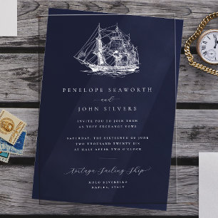 Invitaciones Acrílicas Ilustración de barco náutico elegante boda de blan