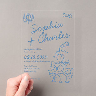 Invitaciones Acrílicas Ilustración de boda caprichosa y juguetona dibujad