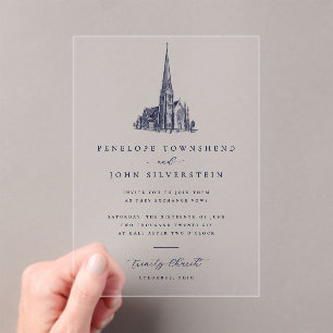 Invitaciones Acrílicas Ilustración de Boda de Iglesia Vintage Elegante