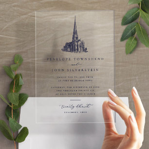 Invitaciones Acrílicas Ilustración de Boda de Iglesia Vintage Elegante