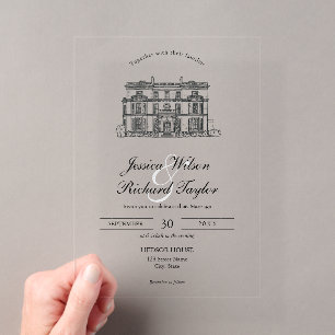 Invitaciones Acrílicas Ilustración personalizada a mano de la mansión del