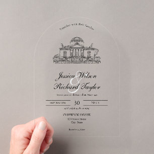Invitaciones Acrílicas Ilustración personalizada a mano de la mansión del