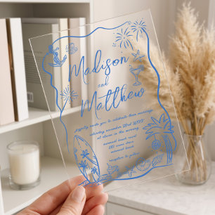Invitaciones Acrílicas Ilustraciones Dibujadas a Mano Bodas en la Playa D