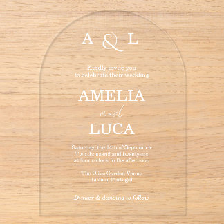 Invitaciones Acrílicas Iniciales Simples Calligrafía Elegante Arco Boda A