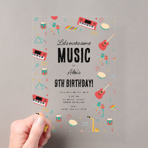 Invitaciones Acrílicas Instrumentos Musicales Tema Música Fiesta de Cumpl