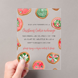 Invitaciones Acrílicas Intercambio de Galletas Festivas Rojo Verde Fiesta