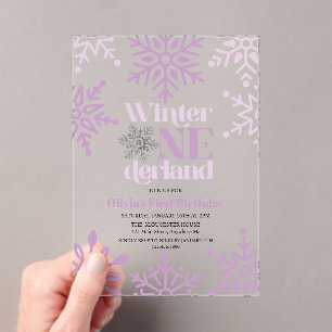 Invitaciones Acrílicas Invierno Onederland Copo de Nieve Púrpura Cumpleañ