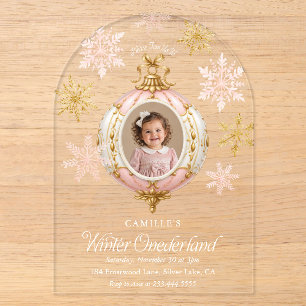 Invitaciones Acrílicas Invierno Onederland Copo de Nieve Rosa