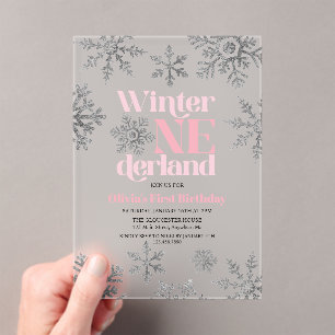 Invitaciones Acrílicas Invierno Onederland Pink Silver Snowflake Cumpleañ