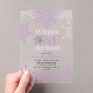 Invitaciones Acrílicas Invierno Onederland Purple Snowflake Primer cumple