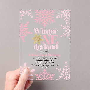 Invitaciones Acrílicas Invierno Onederland rosa dorado copo de nieve cump
