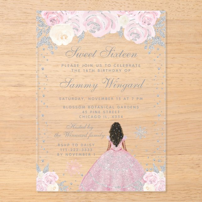 Invitaciones Acrílicas Invierno rosa Piel Oscura Princesa Dulce Dieciséis (Anverso)