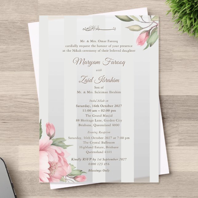Invitaciones Acrílicas Islamic Wedding – Pink Peony & Sage Green Striped  (Subido por el creador)