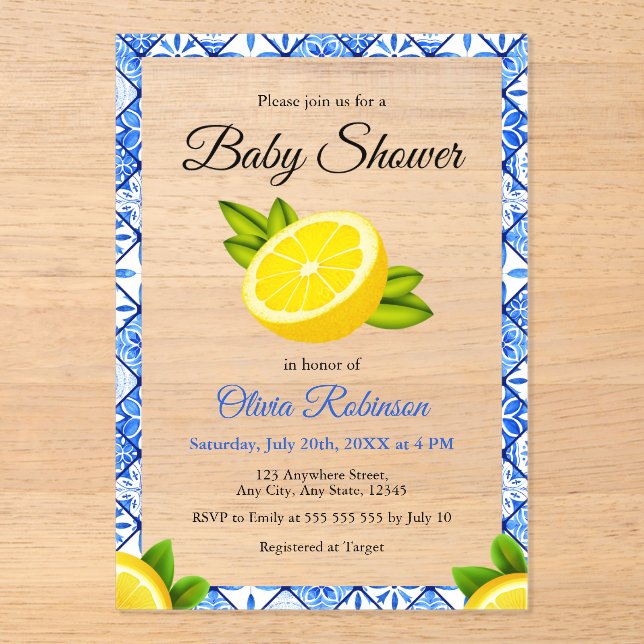 Invitaciones Acrílicas Italiano Blue Tile Positano Lemon Baby Shower (Anverso)