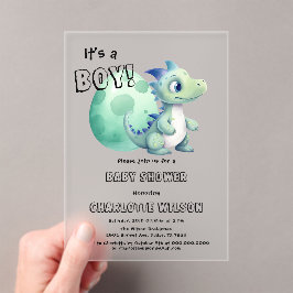 Invitaciones Acrílicas It's a Boy! Dinosaurio lindo con su Baby Shower de