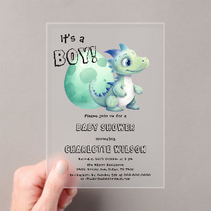 Invitaciones Acrílicas It's a Boy! Dinosaurio lindo con su Baby Shower de