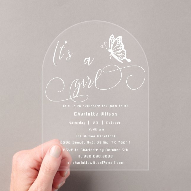 Invitaciones Acrílicas It's A Girl Modern Minimal Butterfly Baby Shower (Insitu (portátil))