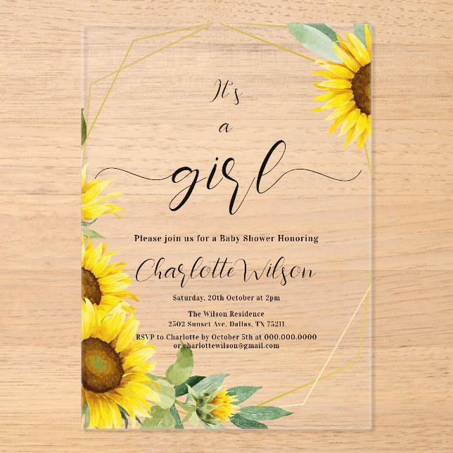 Invitaciones Acrílicas It's a Girl! Watercolor Sunflower Baby Shower (Anverso)