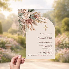 Invitaciones Acrílicas Ivory blush taupe roses pampas arch Confirmation