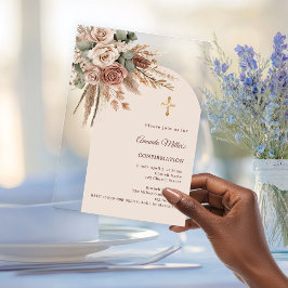 Invitaciones Acrílicas Ivory blush taupe roses pampas arch Confirmation