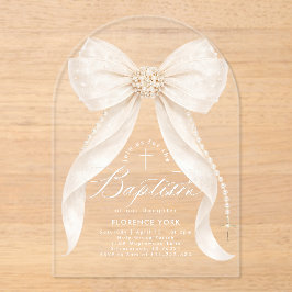 Invitaciones Acrílicas Ivory Bow Pearls Girl Baptism Religious