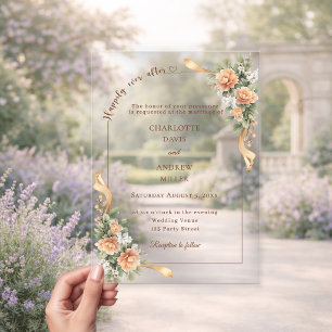 Invitaciones Acrílicas Ivory champagne flores cinta boda de lujo