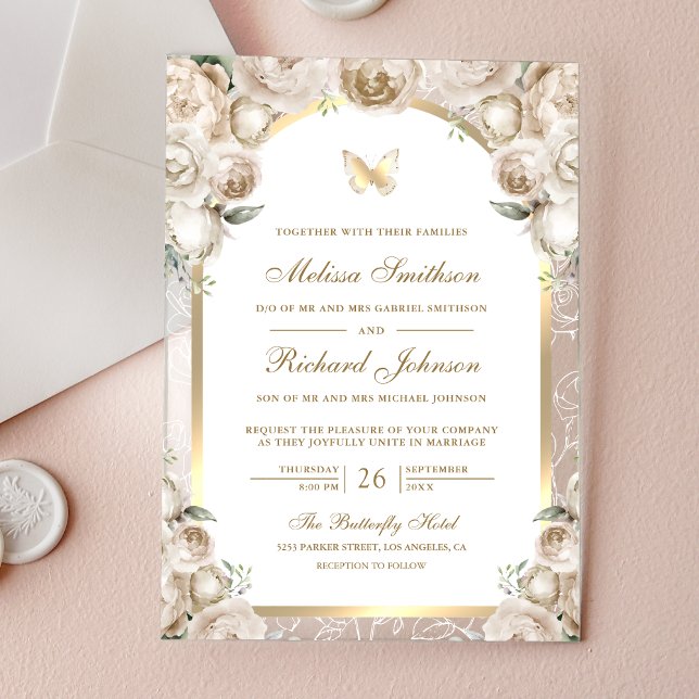Invitaciones Acrílicas Ivory Cream Floral Gold Arch Butterfly Wedding (Subido por el creador)