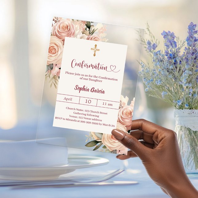 Invitaciones Acrílicas Ivory dusty rose florals luxury Confirmation (Subido por el creador)